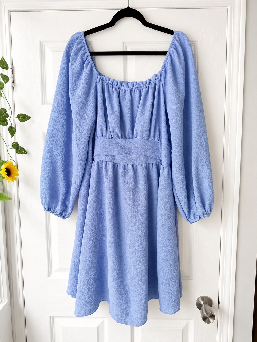 Women's 2X Light Blue Puff-Sleeve Casual Dress with Elastic Waistband